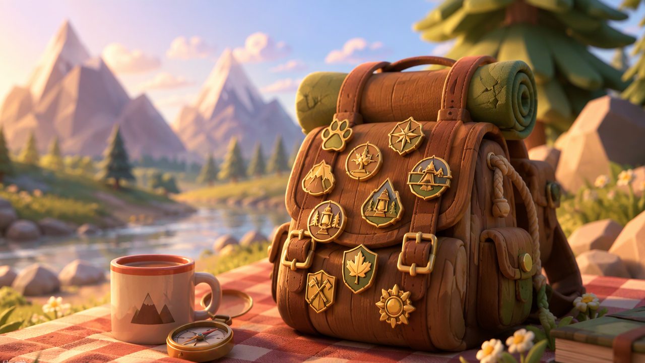 A hiking backpack covered in golden badges and medals