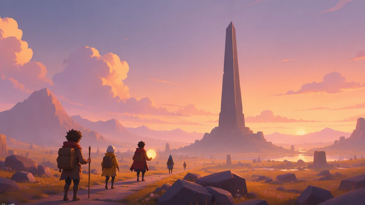 Hikers walk toward the dark obelisk at dusk carrying a glowing sphere
