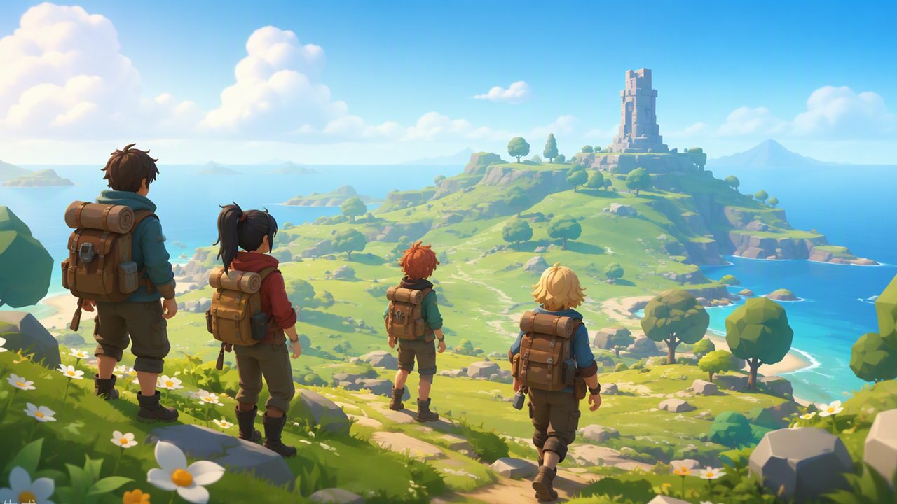 A group of friends hikes across the open island toward a distant tower