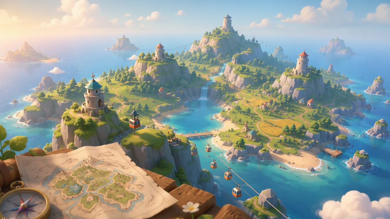 An aerial view of the island: towers, cable car lines, and a hand-drawn map