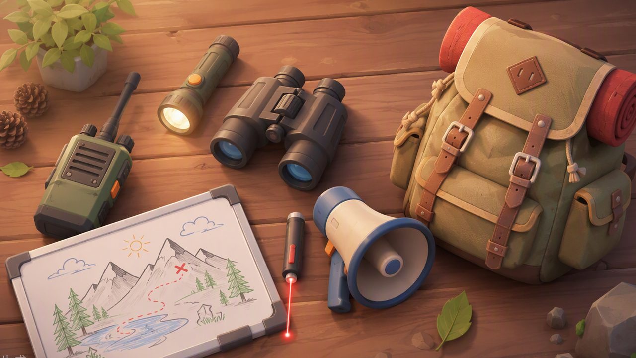 Flat lay of the island tools: radio, flashlight, laser pointer, binoculars, megaphone, whiteboard, backpack