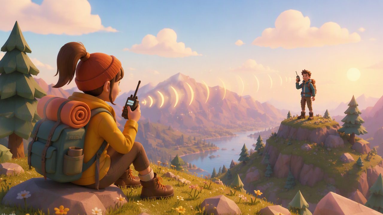 Two hikers on a hilltop connect with walkie-talkies, sound waves between them